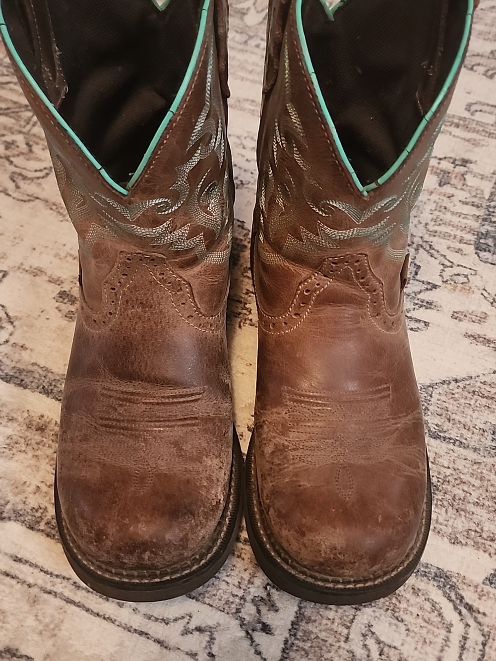 Justin Boots 10W Brown Leather Western Boots with Turquoise Trim